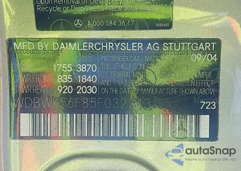 2005 Mercedes-Benz Slk 350 из США, поврежденный, VIN WDBWK56F85F032243